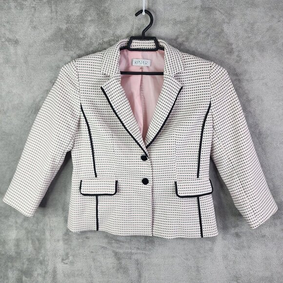 Womens Kasper Tweed Blazer Jacket Pink Black White Print 2 Button Size 8 - Picture 2 of 11